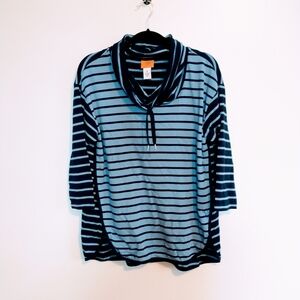 Ruby Rd blue striped cowl neck top with drawstring, size medium